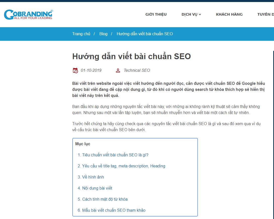 Mục lục từ khóa chuẩn seo gobranding